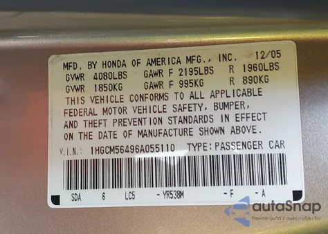 2006 Honda Accord 2.4 Lx z USA, uszkodzony, nr VIN 1HGCM56496A055110
